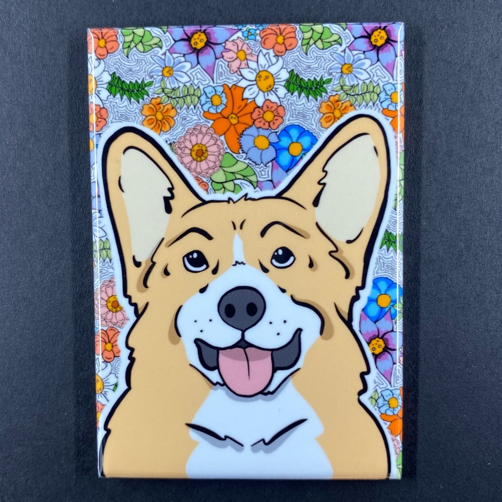 Fawn Welsh Corgi Dog Retro Flower Magnet Handmade Kitchen Decor